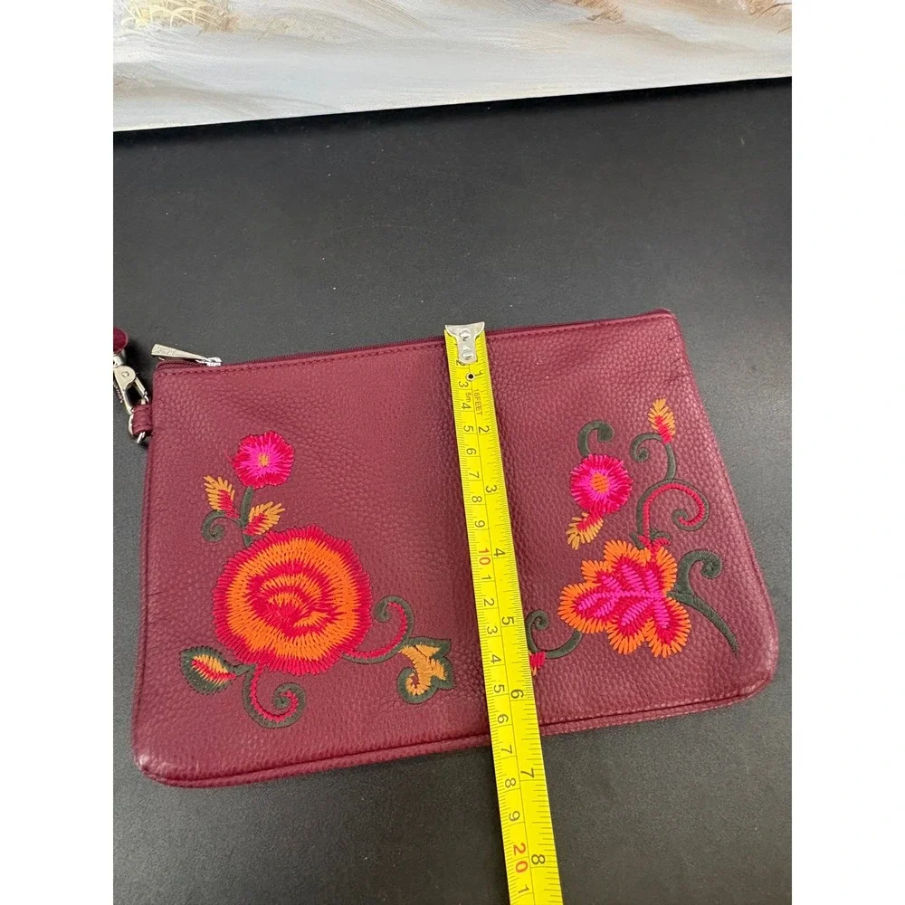 Jewell by Thirty-One Burgundy Faux Leather Floral Embroidered Wristlet Clutch